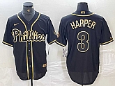 Men's Philadelphia Phillies #3 Bryce Harper Black Gold Cool Base Stitched Baseball Jersey